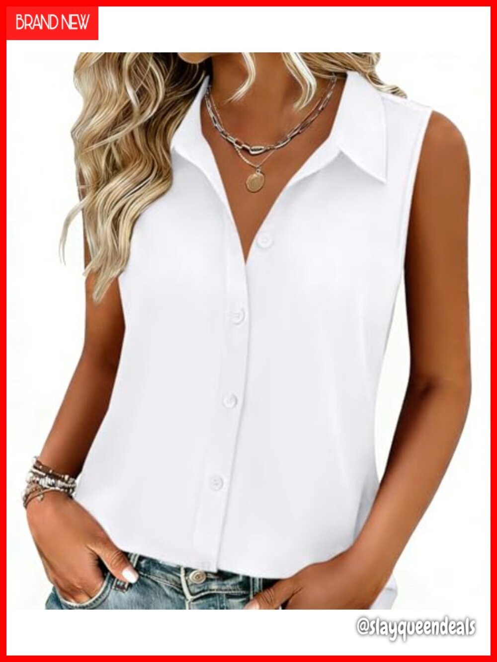 Sleeveless Button Down Collared Shirt Business Casual Office Top